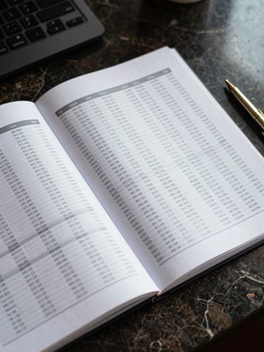 Wide overhead shot of an open financial report on a dark marble desk, columns of figures visible under cool north-facing office light, a single gold pen resting at the right edge, no people