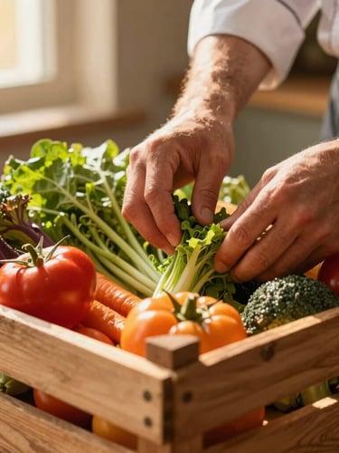 Close-up of a chef's hands carefully selecting fresh, vibrant organic vegetables from a rustic wooden crate in a sunlit kitchen, rich shadows, warm tones, shallow depth of field.