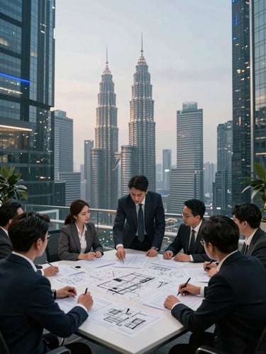 Wide environmental shot of a modern Kuala Lumpur corporate office with cool morning daylight, professional architects reviewing technical schematics on a large table, 35mm.