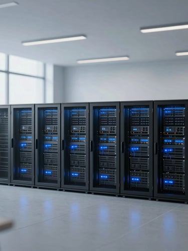 Architectural schematic of a secure data center network layout, professional corporate photography, cool office daylight with blue ambient accents, sharp focus, 35mm