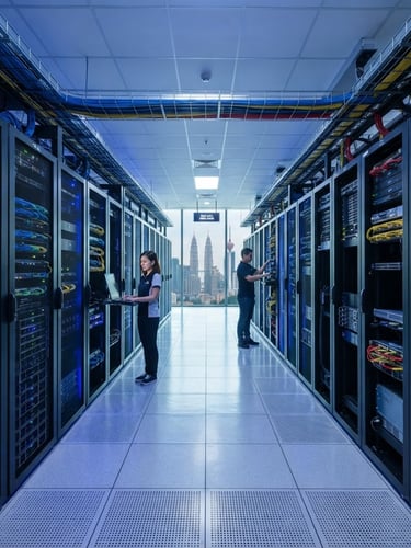 Wide-angle crisp architectural shot of a modern data center in Kuala Lumpur, cool daylight reflecting off pristine server racks, structured cables, professional high-end IT infrastructure.