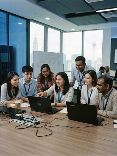 A professional corporate training room in Kuala Lumpur, a diverse local IT team collaborating around a table with laptops, cool office daylight with blue server-room ambient accents, 35mm photography