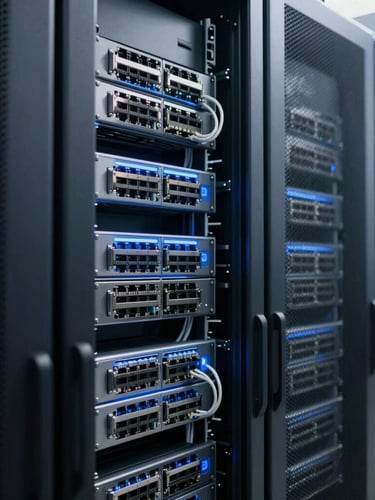 A close-up of real server racks in a modern Malaysian data center, with subtle blue ambient lighting and sharp focus on network cabling, 35mm.