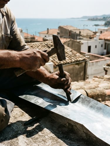 Rugged documentary photography of an artisan's hands shaping zinc on a rooftop, bright Mediterranean daylight, high contrast shadows, 35mm