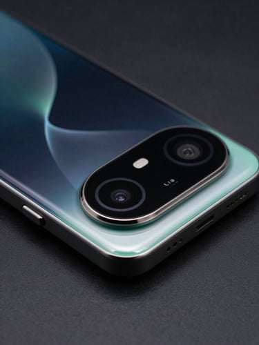 Close-up of a physical flagship Android device showcasing a fluid UI animation curve with mint edge reflections, dark slate background, low-key lighting.