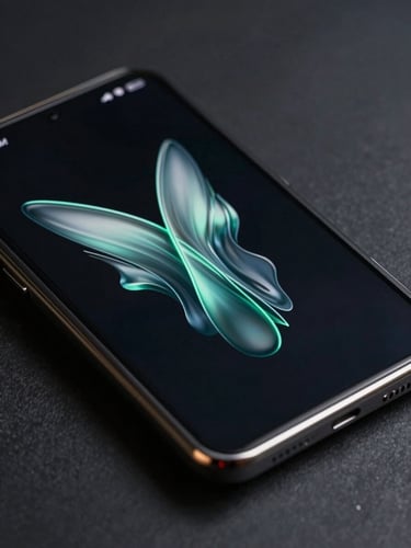 Extreme close-up of a premium foldable Android device screen showing a custom fluid UI animation curve, low-key moody lighting with sharp electric-mint edge-reflections on the physical glass, dark slate background.