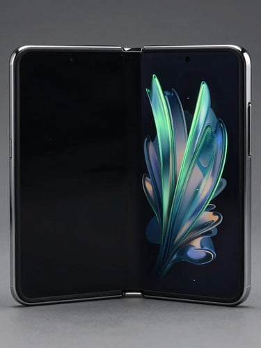 Macro studio shot of a physical Pixel foldable screen, displaying a custom fluid interface animation with sharp electric-mint edge reflections on the dark glass.