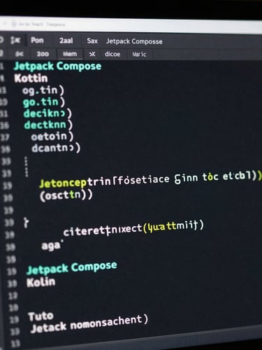 Extreme close-up of a dark-mode IDE screen showing clean Kotlin code with precise syntax highlighting in electric mint and cyan, sharp focus on a Jetpack Compose drawing function, moody low-key studio lighting.