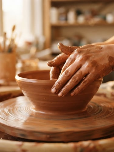 Close-up of potter's hands covered in wet terracotta clay, shaping a wide bowl on a spinning wooden wheel, warm golden-hour sunlight, shallow depth of field