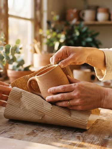 Hands carefully wrapping a terracotta ceramic mug in corrugated brown paper, warm golden-hour light streaming through a window, shallow depth of field, 35mm