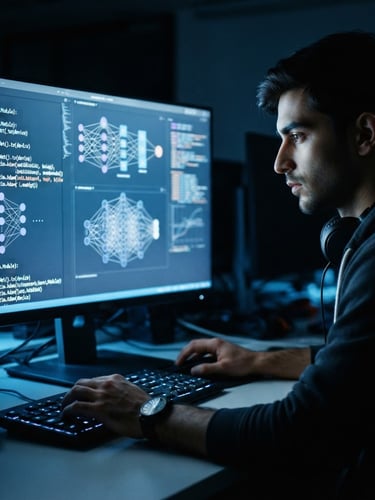 A moody technology photograph with low-key cool blue ambient light, close-up of a developer analyzing complex neural network code on a high-resolution screen, sharp technical details, 35mm
