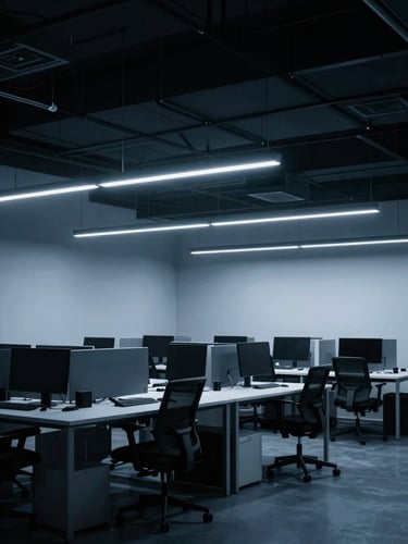 A clean architectural shot of a modern tech workspace in Coral Gables, low-key cool blue ambient light, sharp linear structures, minimalist design, high contrast, 35mm