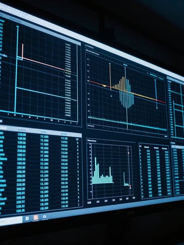 Moody technology photography of high-fidelity data visualizations on a large screen in a dark control room, cool blue and cyan ambient lighting, sharp technical gridlines, high contrast