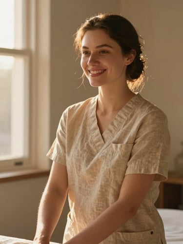 Professional female massage therapist in clean, warm-toned linen attire smiling warmly, soft residential interior with golden hour window light, 35mm photography