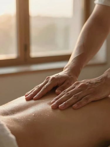 Close-up of a massage therapist's hands applying organic oil to a client's back, soft golden-hour window light, warm earth tones, shallow depth of field, professional setting