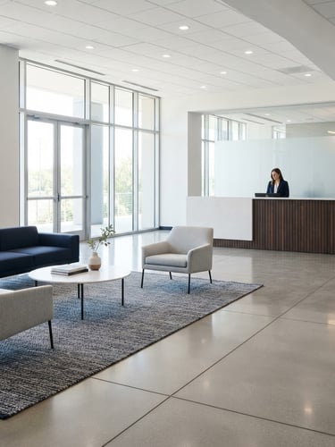Clean editorial photography of a bright, modern corporate office lobby with polished concrete floors reflecting soft window light, minimalist furniture, clean lines, 35mm