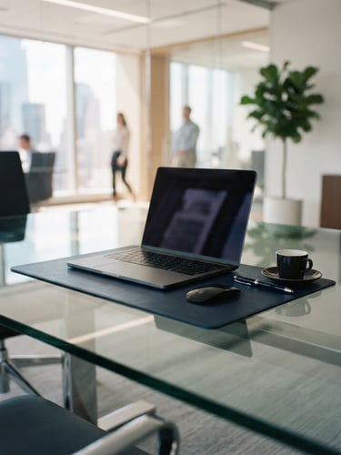 Close-up of a pristine, modern glass office desk reflecting soft natural light, clean lines, professional atmosphere, 35mm