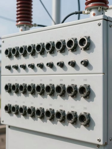 A sharp, high-resolution portrait photograph of a clean, modern electrical substation installation, focusing on the standardized input pattern (padrão de entrada) with professional wiring, clear daylight, technical precision.