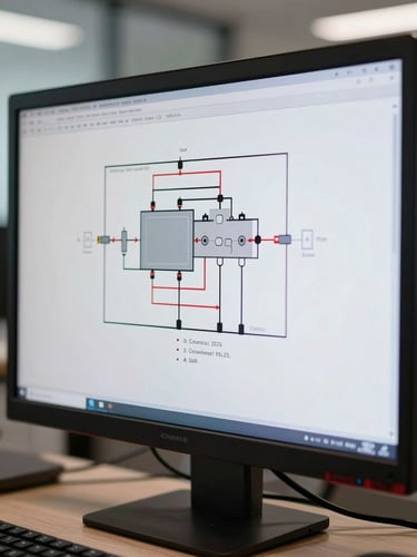 Macro shot of a clean technical solar electrical single-line diagram on a computer monitor, soft daylight illumination, professional engineering office environment.