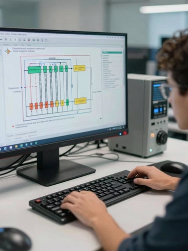 Enquadramento médio de engenheiro eletricista analisando diagrama unifilar complexo em tela de monitor de alta resolução, iluminação clara de escritório técnico.