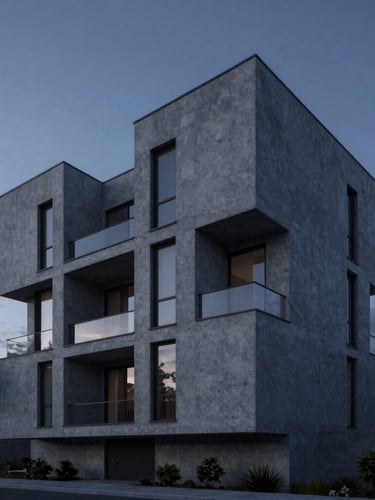 Photorealistic 3D architectural render of a modern minimalist concrete residential building at dramatic twilight, sharp focus, cool blue and dark gray tones, side perspective.