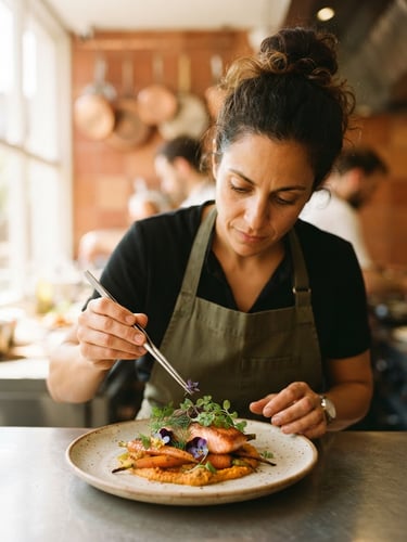 Close-up of chef Carla Sponda plating a vibrant dish with fresh herbs and edible flowers, warm natural daylight, shallow depth of field, 35mm
