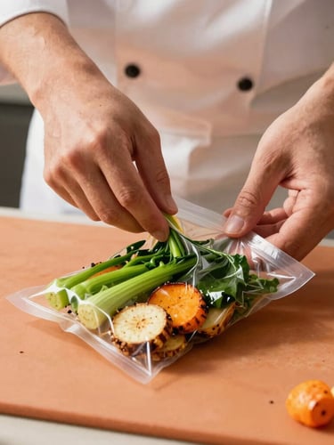 Close-up of chef hands vacuum-sealing vibrant green vegetables and roasted root crops in a modern clean kitchen, warm daylight, 35mm.