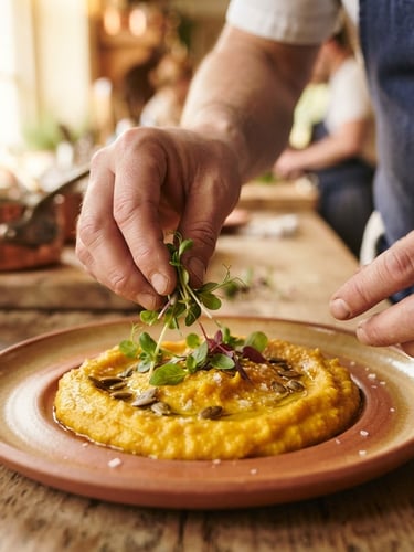 A close-up of a chef's hands carefully placing microgreens on a vibrant, golden-orange roasted squash puree, warm morning daylight, shallow depth of field, 35mm.