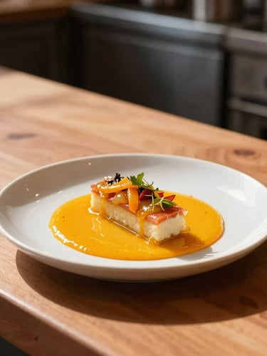 Warm high-end restaurant kitchen counter, a beautifully plated modern functional dish with vibrant orange citrus reduction, natural morning side light, 35mm photography