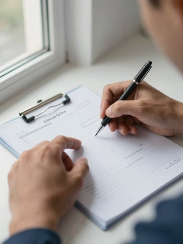 Close-up of hands writing clinical notes on a structured treatment chart, natural window light from the left, a second pair of hands visible at the edge of the frame gesturing toward the document — collaborative, matter-of-fact, no faces