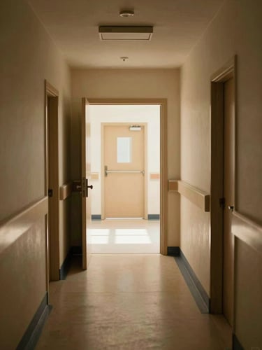 Wide environmental shot of a clinical admission corridor in warm natural daylight, empty hallway with open doorway at the far end, muted earth-toned walls, institutional linoleum floor — evidential, matter-of-fact framing, no people, no posed elements