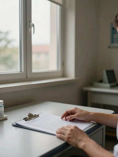 Wide environmental shot of a clinical assessment room, natural north-facing daylight through a window, a pair of hands resting on a desk beside a patient intake folder, muted earth-tone walls, no faces visible — matter-of-fact institutional warmth