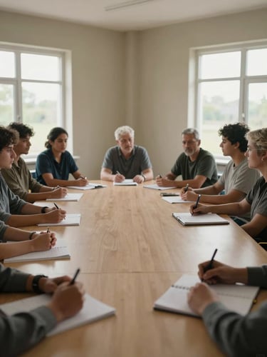 Wide environmental shot of a clinical common room during group session, natural daylight from side windows, hands resting on a shared table, notebooks and pens visible, no individual faces as primary subject — the space and the activity carry the frame, muted earth-tone walls, documentary framing