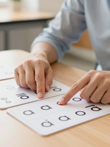 Tight action-oriented close-up of a teacher's hands pointing to printed phonics cards on a wooden desk, bright natural classroom daylight, shallow depth of field, 35mm lens