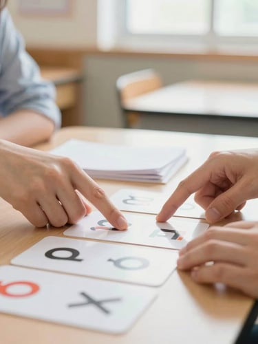 Tight, action-oriented close-up of a teacher's hands pointing to phonics cards on a desk under bright natural classroom daylight, shallow depth of field