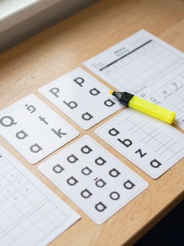 Overhead flat lay of printed phonics cards, tracking sheets, and a yellow highlighter on a clean wooden teacher's desk, bright natural daylight