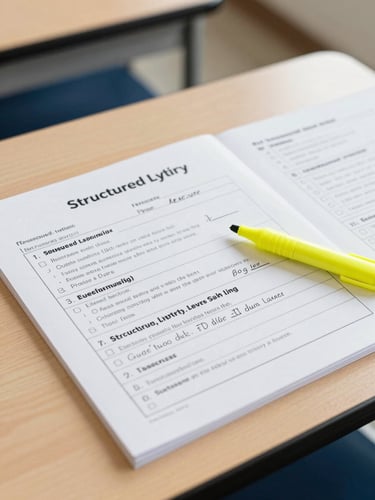 Clean overhead shot of a printed structured literacy lesson plan with handwritten annotations and a highlighter-yellow pen resting on the page, bright natural classroom light.