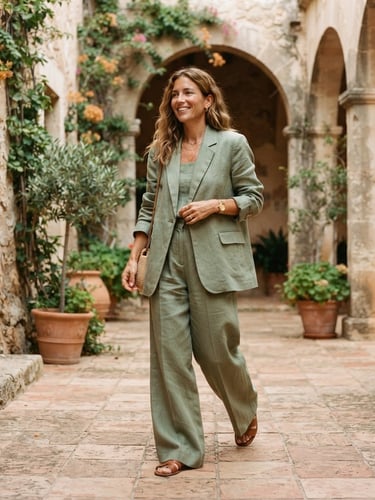 Woman wearing a sage-green palazzo suit in a sunlit courtyard, showcasing fabric texture and comfortable fit, warm editorial photography, soft natural courtyard daylight, rich textile textures, warm earth tones, shallow depth of field, 35mm