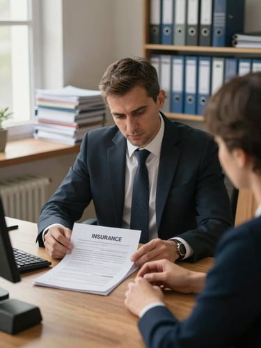 Medium shot of an agent at a wooden desk in a Hatay office, reviewing an open insurance policy document with a client, soft north-facing daylight from a side window, stacks of organised binders visible in background, calm and orderly atmosphere