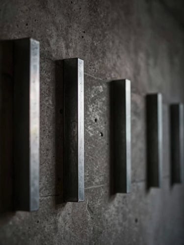 Macro architectural photograph of cold-rolled steel wine pegs anchored to a dark concrete wall, dramatic side-lighting, razor-sharp focus on clean joints, desaturated tones