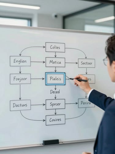 Over-the-shoulder view of a consultant mapping a complex process flowchart on a whiteboard, modern corporate boardroom background, natural light