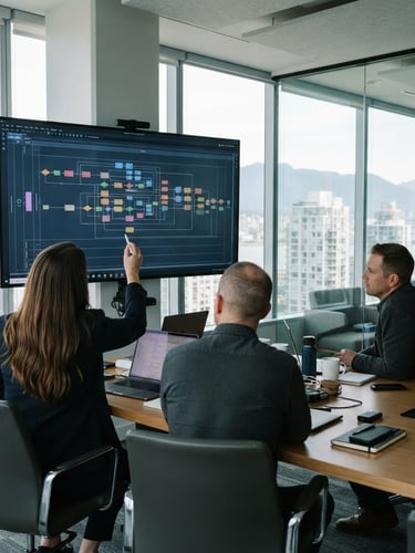 Over-the-shoulder view of a collaborative IT consulting team analyzing a complex process map on a screen in a bright Vancouver boardroom, natural daylight, deep blue and cool gray tones, professional corporate photography, 35mm lens