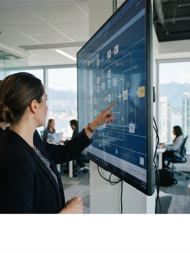 Over-the-shoulder view of a professional business analyst pointing at a complex system process map on a large screen in a Vancouver office, clean corporate lighting, deep blue tones, 35mm lens.