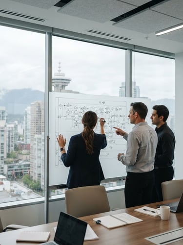 Over-the-shoulder view of collaborative business analysts mapping a complex system process on a whiteboard in a bright modern Vancouver boardroom, natural overcast daylight, cool gray tones, 35mm lens.