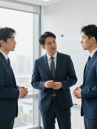 A collaborative corporate team of three analysts in active discussion around a whiteboard in a modern boardroom, bright natural daylight, professional corporate photography.