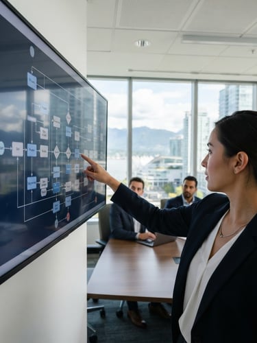 Over-the-shoulder shot of a business analyst pointing to a complex process flowchart on a screen in a bright Vancouver corporate boardroom, daylight