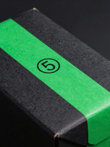 Sleek close-up of a premium shipping box with a bright green security seal, high-contrast studio lighting, deep charcoal background, sharp focus