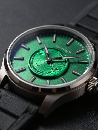 Sleek luxury watch with electric green details, high-contrast studio lighting, deep charcoal background, sharp focus, macro shot showing original factory seal