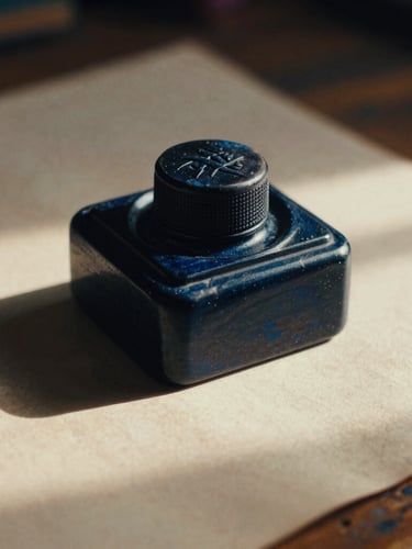Macro close-up of a hand-carved wooden inkwell on a weathered desk, warm morning light casting long shadows across textured paper.
