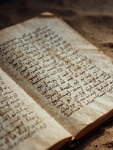 Close-up of weathered Somali manuscripts, yellowed paper with hand-written script in black ink, low-key dramatic natural light